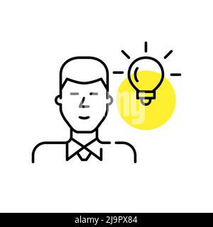 Young businessman having an idea. Man in a suit with a light bulb. Pixel perfect, editable stroke line art icon Stock Vector