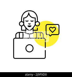 Girl working on laptop with like message. SMM content manager or blogger. Pixel perfect, editable stroke line art icon. Stock Vector