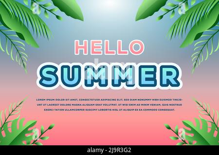 gradient hello summer background illustration with tropical leaves Stock Vector