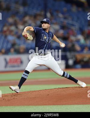 ST. PETERSBURG, FL - MAY 18: Tampa Bay Rays infielder Isaac Paredes (17)  throws the ball over to first base during the MLB regular season game  between the Detroit Tigers and the