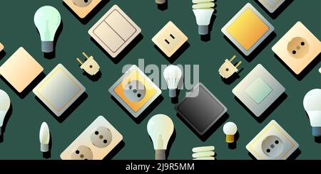 Sockets, switches and light bulbs. Electrical appliances for home network. Spare parts for work of an electrician. Seamless pattern. Vector. Stock Vector
