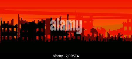 Burnt out town. Ruined city. Apocalypse natural or war. World in fire. Sad landscape of destruction. Vector. Stock Vector