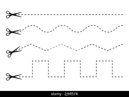 Scrissors cut dotted line zig zag and wavy shap icon set. Stock Vector