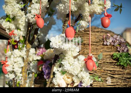 Easter eggs hang from tree. Decoration of holiday. Red eggs on ribbons. Stock Photo