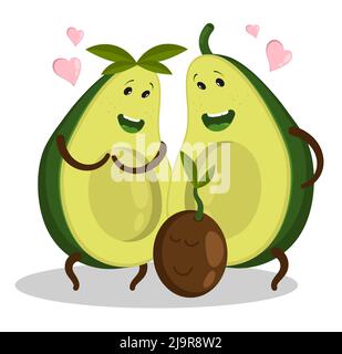 Young avocado family couple looks at newborn baby with tenderness. Birth of children, relationships in family. Cartoon vector isolated on white backgr Stock Vector