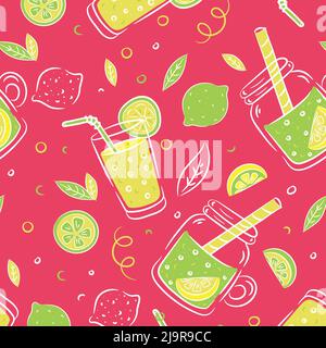 Summer seamless pattern with lemon, lemon slice, jar with lemonade, leaves. Fruit repeated background. Memphis style. Vector bright print for fabric Stock Vector