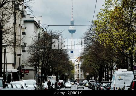 Berlin, Germany. 15th Apr, 2022. A view down Wühlischstraße in Friedrichshain towards the Berlin TV tower. Credit: Stefan Jaitner/dpa/Alamy Live News Stock Photo