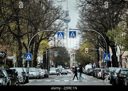 Berlin, Germany. 15th Apr, 2022. A view down Wühlischstraße in Friedrichshain towards the Berlin TV tower. Credit: Stefan Jaitner/dpa/Alamy Live News Stock Photo