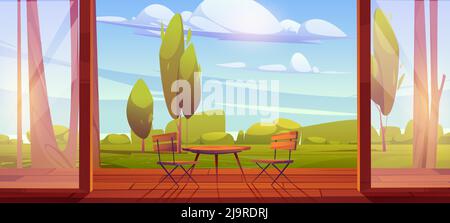 House terrace with chairs, table and glass doors. Vector cartoon illustration of summer garden or backyard landscape with green grass, trees and empty cottage veranda with wooden floor Stock Vector