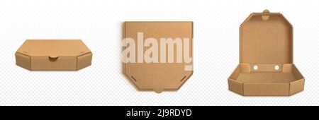 Brown cardboard pizza box 3d realistic vector. Open empty and closed carton package for delivery fast food, top side view isolated mockup illustration on white background Stock Vector