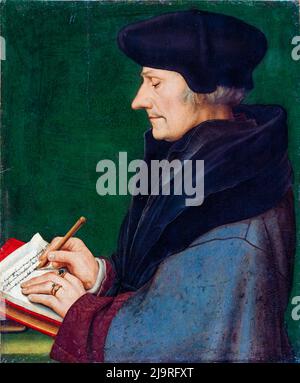 Erasmus of Rotterdam writing, portrait painting by Hans Holbein the Younger, 1523 Stock Photo