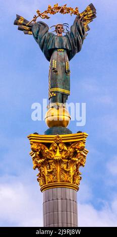 Slavic Goddess Berehynia on top Independence Monument, Orange Revolution, Maidan Square, Kiev, Ukraine Stock Photo