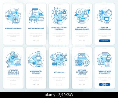 Professional programmer skills blue onboarding mobile app screen set Stock Vector