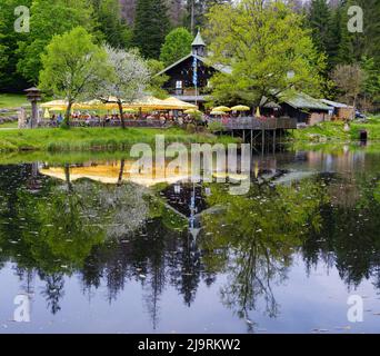 The traditional inn Schwellhausl. Primeval forest in the Bavarian Forest National Park near village Zwieslerwaldhaus. Germany, Bavaria. Stock Photo