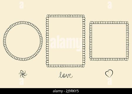 Scribble stroke frame outline set. Hand drawn decorative black grey ink line borders, a kit for decoration. Circle, square, rectangle geometrical Stock Vector