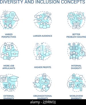 Diversity and inclusion turquoise concept icons set Stock Vector