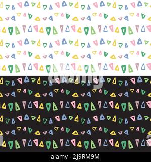 Triangle cute geometric shapes seamless pattern. Hand drawn ink brush strokes, isolated elements, cartoon baby illustration, rainbow multi-colored Stock Vector
