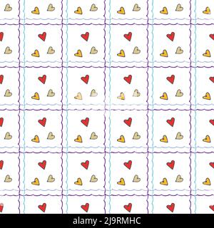 Wavy check grid seamless pattern. Hand drawn cartoon style design illustration, marine life wave, cute hearts symbols. Blue, yellow, red color palette Stock Vector