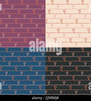 Scribbled wave line seamless pattern, cute geometrical grid template, red hearts doodle shapes. Black, white , lilac, blue colors easy editable Stock Vector