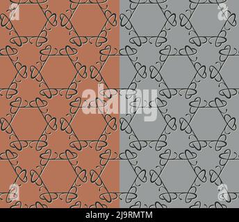 Hexagon abstract decorative seamless pattern. Hand drawn doodle elements. Earthy tones color palette, geometrical ornamental grid.Red or gray easy Stock Vector