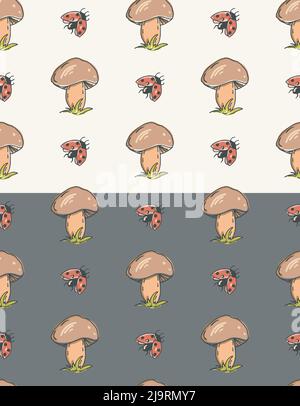 Doodle mushroom seamless pattern. Hand drawn ink brush stroke, cartoon colored kid design, ladybug illustration. Earth tones color palett. White or Stock Vector