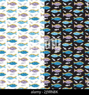 Sea fish seamless pattern. Childish doodle cartoon style, colorful web template. Blue marine color palette illustration, white background. Vector Stock Vector