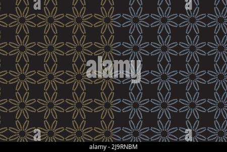 Geometrical floral ornamental seamless patterns set. Abstract sun, sunflower symbols in gold yellow or blue tones colors. Black easy editable color Stock Vector