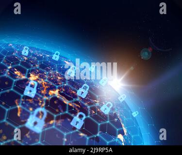 Planet Earth, city lights and worldwide digital binary data security network infrastructure . Some elements of the image furnished by NASA. Stock Photo