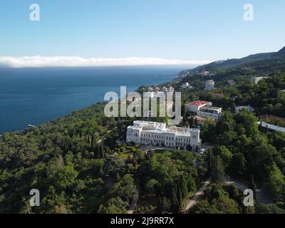 Aerial View of Livadia Palace - located on the shores of the Black Sea in the village of Livadia in the Yalta region of Crimea. Livadia Palace was a Stock Photo