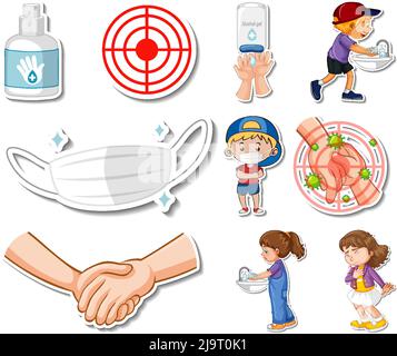 Sticker set of covid19 icons and cartoon characters illustration Stock Vector