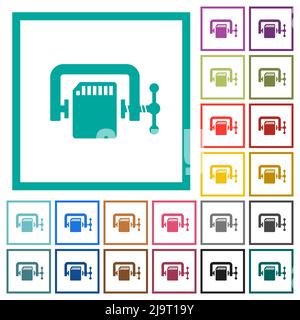 SD memory card compress solid flat color icons with quadrant frames on white background Stock Vector