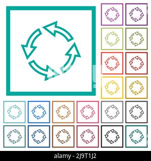 Rotate left outline flat color icons with quadrant frames on white background Stock Vector