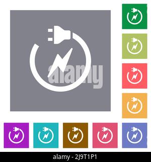 Electrical circuit with plug and cord flat icons on simple color square backgrounds Stock Vector