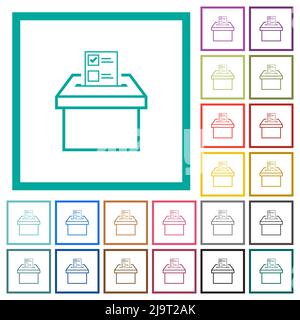Voting paper and ballot box outline flat color icons with quadrant frames on white background Stock Vector