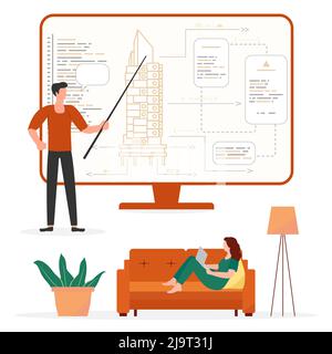 Vector illustration Teacher teaching people. Construction Architecture learning Course Workshop Lecture Development class. Architects Craftsmen Plan B Stock Vector