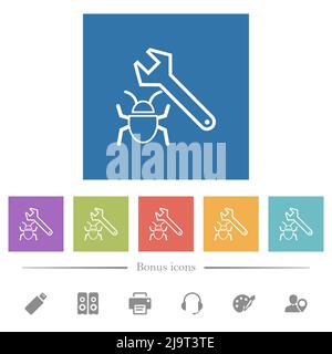 Bug fixing outline flat white icons in square backgrounds. 6 bonus icons included. Stock Vector