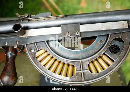 Governors Island, New York, USA. World War One re-creation and history event. Close-up of the ammunition supply of a French Chauchat light machine gun Stock Photo