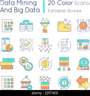 Data mining and big data RGB color icons set Stock Vector