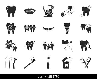 Dental clinic doodle illustration including flat icons - wisdom tooth, veneer, teeth whitening, braces, implant, toothbrush, caries, floss, mouth Stock Vector