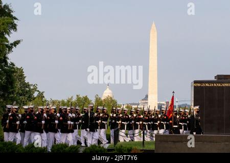 Usa, Virginia, Arlington. Iwo Jima Memorial, Sunset Parade which consists of a performance of 'The Commandant's Own' Drum and Bugle Corps, the U.S. Ma Stock Photo