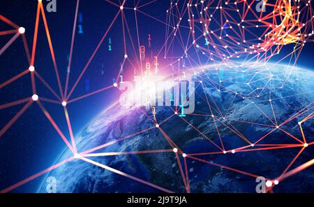 BigData Concept. Global Cyberspace. Wireless internet technologies. Database protection, blockchain network. Element of this image furnished by NASA Stock Photo