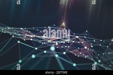 Global network. Blockchain. 3D illustration. Neural networks and artificial intelligence. Abstract technological background with binary code elements Stock Photo