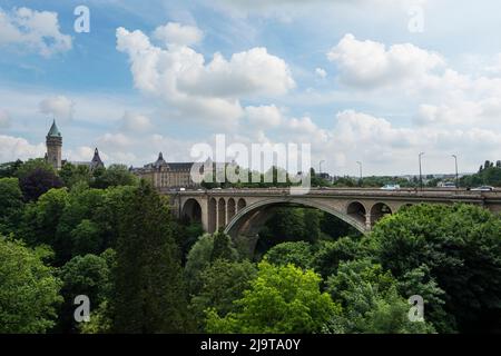 Luxembourg city, May 2022. Panoramic view of the Adolphe bridge in the city center Stock Photo