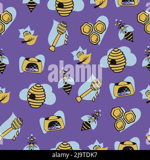 Beekeeping seamless pattern in yellow and blue shades Stock Vector