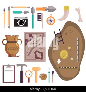 Archaeology icon set. Vector illustration of archaeological site, ancient artifacts, archaeological tools isolated on white background. Stock Vector