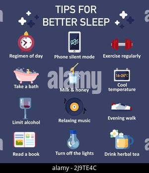 Tips for better sleep icon set. Vector flat style design illustration. Useful advices how to sleep better at night for infographic, other printed mate Stock Vector