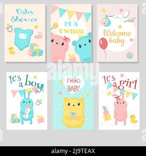 Baby shower invitation greeting card template set. Vector hand drawn illustration of cute animals bunnies, bears, stork with newborn, baby clothing an Stock Vector