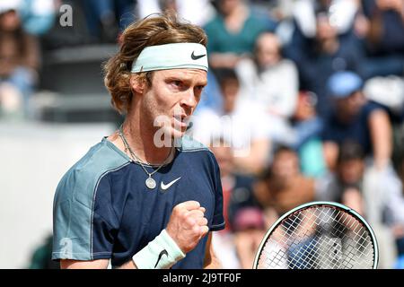 Paris, France. 24th May, 2022. Andrey Rublev of Russia during the French Open (Roland-Garros) 2022, Grand Slam tennis tournament on May 24, 2022 at Roland-Garros stadium in Paris, France - Credit: Victor Joly/Alamy Live News Stock Photo