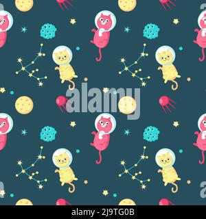 Cute cats in outer space vector seamless pattern. Creative design for fabric, textile, wallpaper, wrapping paper. Stock Vector
