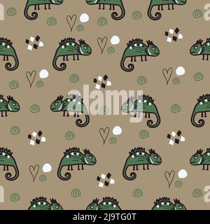 Green lizards on beige background, seamless pattern Stock Vector